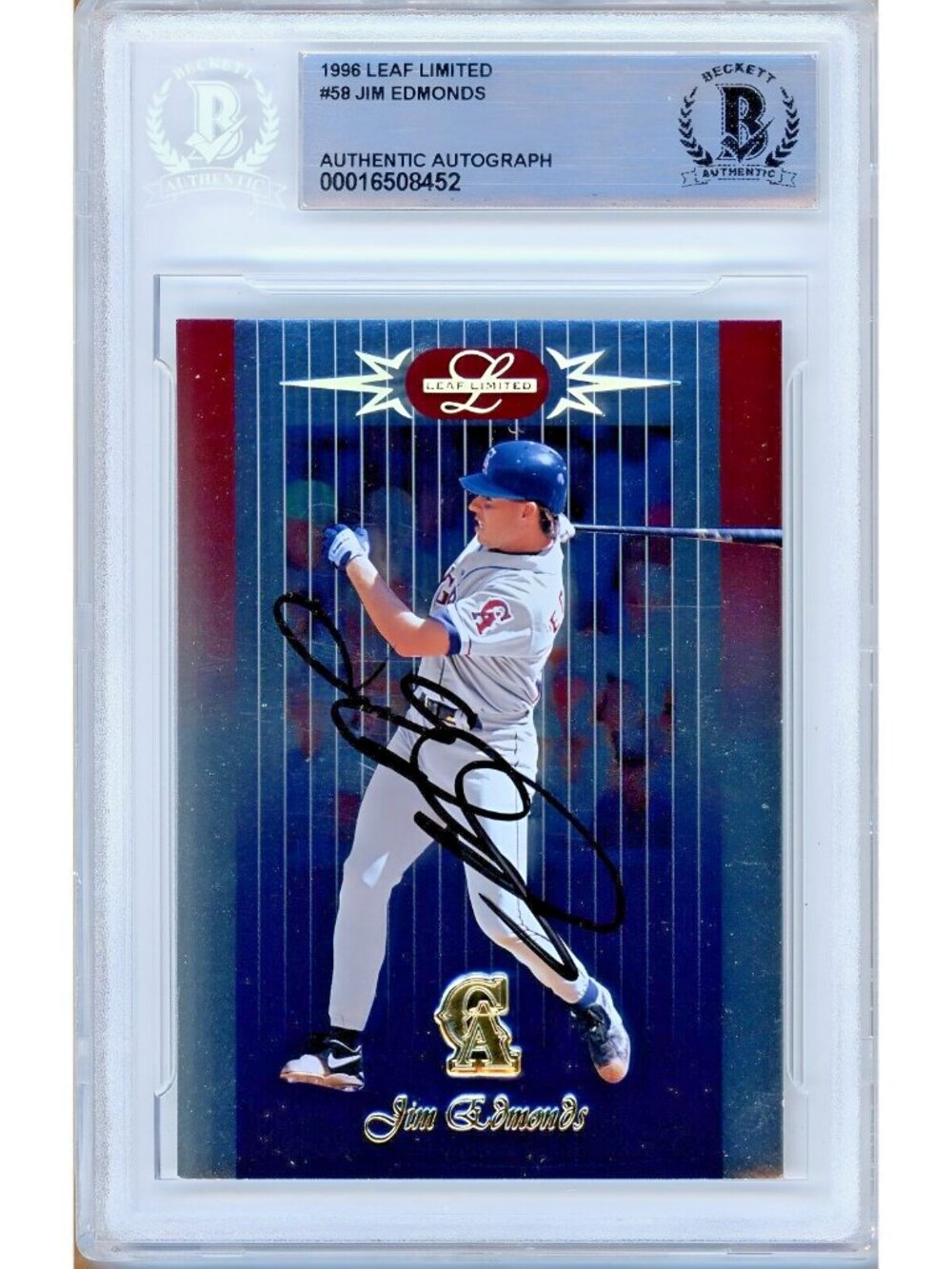 Jim Edmonds Signed 1996 Leaf Limited #58 Anaheim Angels Beckett BAS Slabbed Auto